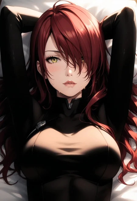 masterpiece,best quality, highly detailed, score_9, score_8_up, score_7_up, score_6_up, source_cartoon, p3mitsuru, kirijou mitsuru, long hair, red hair, hair over one eye, mid-20s,
 BREAK
 BREAK
1girl, close-up, bed, laying on bed, dim lighting, large breasts, wet skin, flushed cheeks, messy hair, sweaty, sensual expression, biting lip, detailed textures, raw emotion, explicit focus, eye contact, erotic tension, intimate atmosphere,  on back, hair in face, looking at viewer, bodysuit, black bodysuit, arms behind head, close-up, skin-tight, 
 BREAK
dynamic light, cold_light, vibrant colors cold_colors, soft focus, high contrast, textured surfaces, depth of field, rgb lighting, dramatic shadows, rich details, blue color palette, playful composition.
,dynamic angle,dynamic light,background,