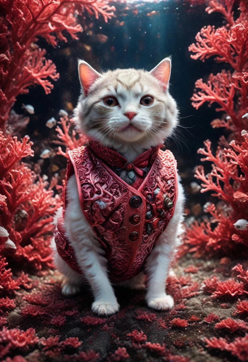 masterpiece, best quality, Ray tracing, hdr, volumetric lighting, highres, detailed background, coralbugXL, wide shot, coral cat, cute kitten, cat wearing a vest made of coral, household environment, underwater, ocean floor, furniture made of red coral, perfect composition, bright colours, magical, flowing water, lots of details, beautifully lit