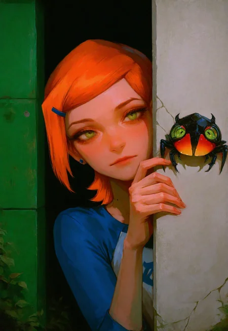 1girl, slim, fit, realistic, beautiful eyes, gwen tennyson (/Ben10)/,(ultra HD quality details), bright orange hair, short hair, (green eyes), mouth opened, hiding, focusing on colorful beetle