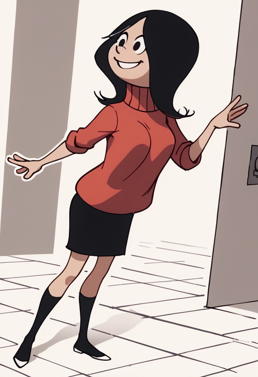 score_9, score_8_up, score_7_up BREAK Calcetinera, 1girl, black hair, black eyes, red turtleneck sweater, black skirt, black socks, flat white shoes, suggestive pose, cartoon, source_cartoon, solo, solo focus, smiling,