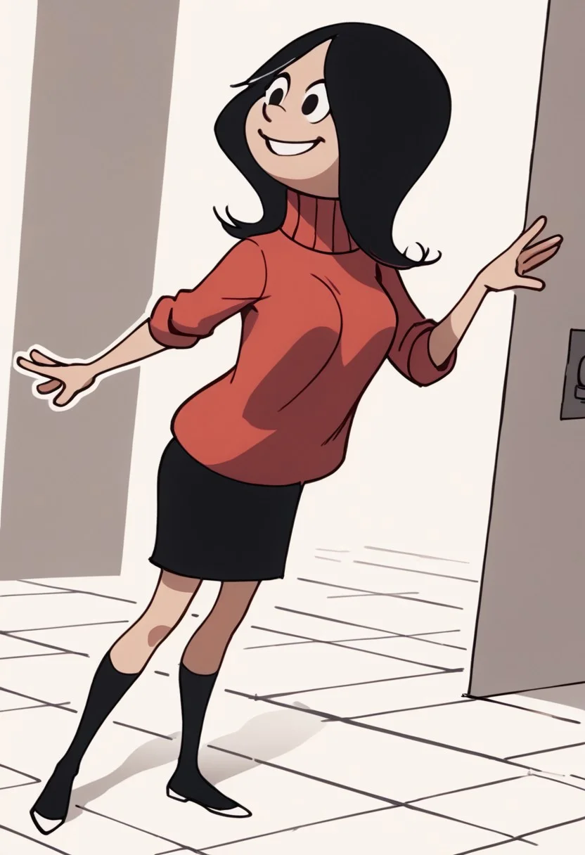 score_9, score_8_up, score_7_up BREAK Calcetinera, 1girl, black hair, black eyes, red turtleneck sweater, black skirt, black socks, flat white shoes, suggestive pose, cartoon, source_cartoon, solo, solo focus, smiling,