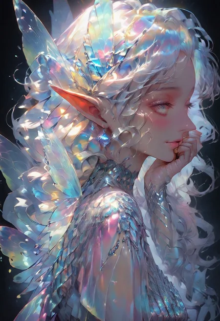 zPDXLxxx ((score_9, score_8_up, score_7_up)), masterpiece, perfect anatomy, perfect face, 1r1d3sc3nc3, liquid marble, 1girl, solo, fairy queen BREAK long hair, pale hair, elfin ears, pointy ears, long ears, pale skin, rainbow eyes, medium breasts, lean body, smooth skin, pink lips, iridescent wings BREAK fairy dress, iridescent dress BREAK ((fantasy marble hall)), detailed background, smile, blush, one hand on cheek