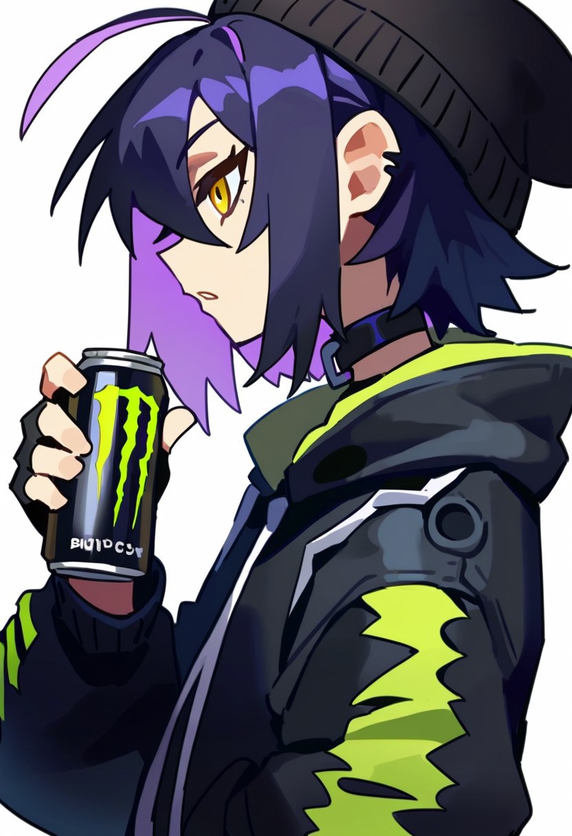 score_9, score_8_up, score_7_up, source_anime, Metanoia_PS, monster energy, black hair, 1girl, yellow eyes, white background, female focus, purple hair, simple background, holding can, multicolored hair, hat, ahoge, mouth mask, energy drink, black jacket, fingerless gloves, beanie, short hair, from side, black choker, parted lips, black headwear, shirt, upper body, mask pull, long sleeves, open jacket, torn clothes, profile, two-tone hair, teeth