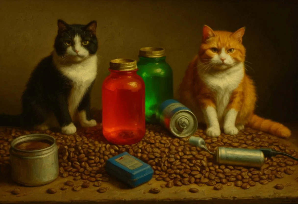 a painting of a two cats on a pile of coffee beans, orange cat, black cat, clutter, trash, messy bench, cans, tools, computer parts, electronics, light bulbs, battery charger, batteries, charger, 18650, wires, cardboard boxes, random items, various objects, disorganized storage, stone wall, low key, spot lighting, BREAK glass jars, green goo, yellow goo, glass bottle, red liquid, backlit