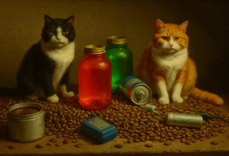 a painting of a two cats on a pile of coffee beans, orange cat, black cat, clutter, trash, messy bench, cans, tools, computer parts, electronics, light bulbs, battery charger, batteries, charger, 18650, wires, cardboard boxes, random items, various objects, disorganized storage, stone wall, low key, spot lighting, BREAK glass jars, green goo, yellow goo, glass bottle, red liquid, backlit