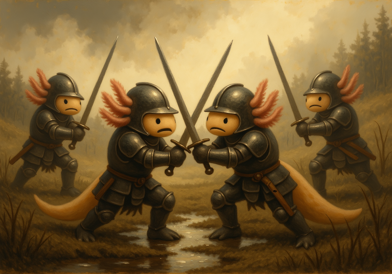 A dramatic oil painting with warm-toned brushwork of axolotls with simplified rounded features plush faces with dot eyes and soft pink feathery gills. Axolotls clad in medieval armor clash in a fierce battle on a foggy moor their swords gleaming in the dim light as they fight amidst the thick swirling mist the ground is wet and uneven with deep puddles reflecting the flashes of steel as the warriors engage in brutal hand-to-hand combat the fog creates an eerie silence broken only by the clang of weapons and the grunts of exertion from the fighters the axolotlsâ faces are set in determined grimaces their bodies straining with the effort of the fight the scene captures the intensity and confusion of battle through the use of muted colors and a focus on the physicality of the warriors.<lora:axolotl_oil_painting.safetensors:1.0:1.0>