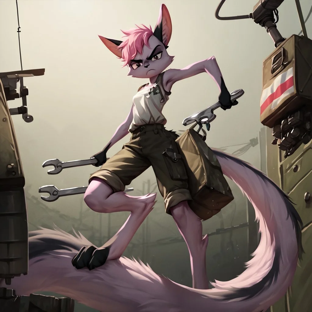 score_9, score_8_up, score_7_up, score_6_up, score_5_up, score_4_up, source_anime, BREAK 
 <lora:ViriathusPony:0.8>,viriathusvayu, solo,  furry, tail, pink hair, animal ears,one leg is  dark fur color, realistic illustration, dramatic angle, repair service, wrench in hand, repairing, mechanic clothes, covered in machine oil, annoyed, fixing motorbike, ukrainian flag