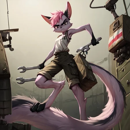 score_9, score_8_up, score_7_up, score_6_up, score_5_up, score_4_up, source_anime, BREAK 
 <lora:ViriathusPony:0.8>,viriathusvayu, solo,  furry, tail, pink hair, animal ears,one leg is  dark fur color, realistic illustration, dramatic angle, repair service, wrench in hand, repairing, mechanic clothes, covered in machine oil, annoyed, fixing motorbike, ukrainian flag