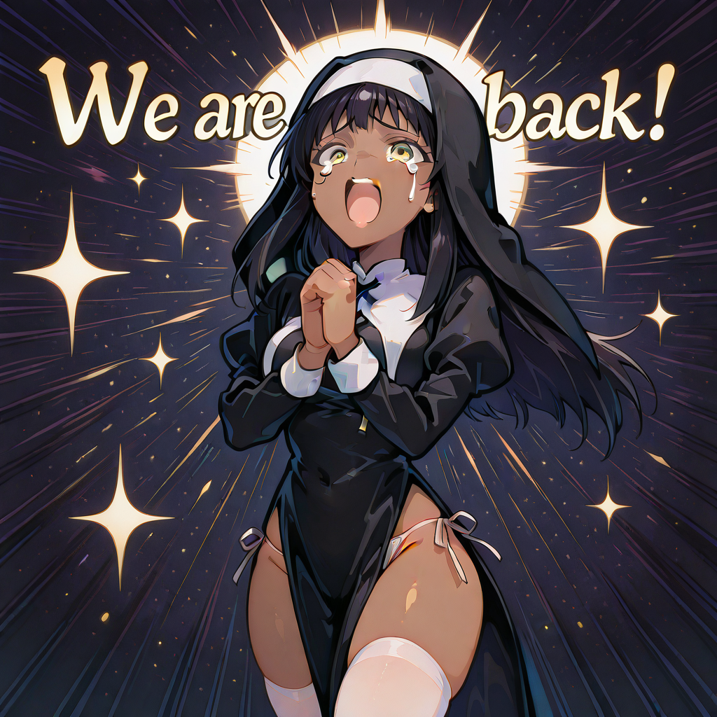 HDA_MasterpieceXL_v1.2, <lora:Nefertiri_The_Dancing_Saint_-_Loner_Life_In_Another_World:1> NEFENUNIL7, 1girl, nun, white highhighs, dark-skinned female, habit, yellow eyes, black hair, white side-tie panties, breasts, black footwear, long sleeves, <lora:We4reSoB4ck_IXL:1> We4reSoB4ck, text,  "we are so back", sparkle background, praying, tears