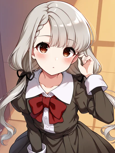 masterpiece,best quality,very aesthetic,absurdres,highres,newest,
hskwng school,hisakawa nagi,
asymmetrical bangs,bow,bowtie,braid,braided bangs,grey hair,hair ribbon,
juliet sleeves,long hair,long sleeves,puffy sleeves,red bow,red bowtie,
twintails,black ribbon,blush,brown eyes,collared shirt,
dress shirt,low twintails,shirt,skirt,white shirt,
black jacket,black skirt,black dress,
dress,
eyebrows visible through hair,
eye_focus,<lora:eye_focus:1>,
<lora:idolmaster_hisakawa_nagi_school_ill_v1.0:1>,
