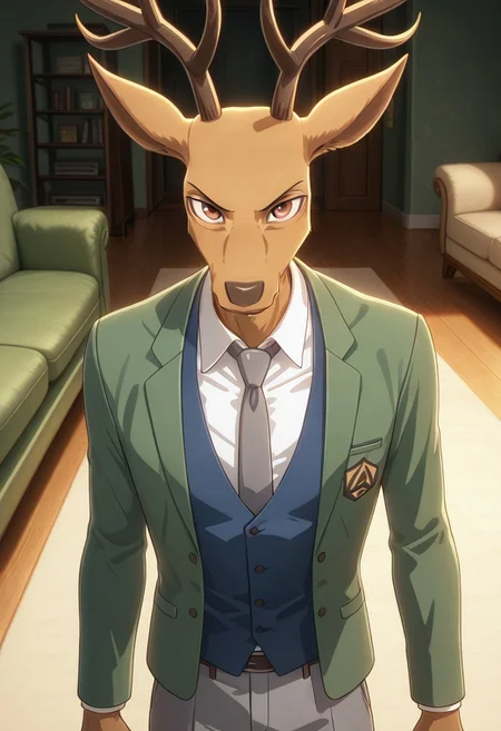 high quality, detailed, male, solo male, LouisBeastars, broad shoulders, mature male, reddish brown eyes, athletic build, slim build, deer, buck, antlers, brown body, animal ears, indoors, living room, blue vest, white dress shirt, gray tie, green jacket, gray pants, looking at viewer