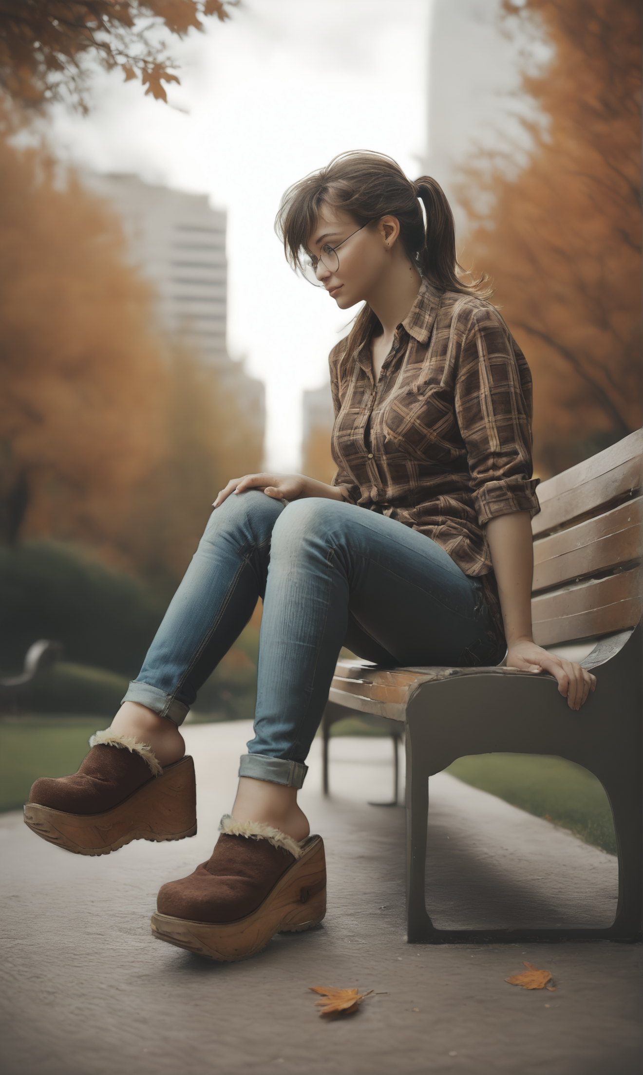 score_9, score_8_up, score_7_up, score_6_up, source_anime,
low angle, from below, from side,
autumn, outdoors, park,
1girl, 
sitting, park bench,
flannel shirt, jeans, round glasses, ponytail, brown hair,
sherpa clogs, platform footwear,
embedding:zPDXLrl ,
embedding:zPDXL2 ,