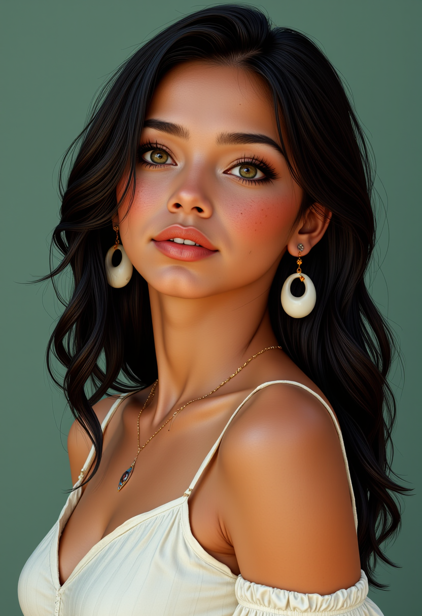 She is approximately 18 years old. Hyperrealism, she is looking at the camera, (dynamic angles), profile headshots of a beautiful, stunning unique female character.  she has dark hair. her eyes are filled with joy and excitement, extravagant eyelashes. a photo of Pocahont@s, she is wearing a white frilly shirt, and a necklace. The woman is posing confidently. simple sage green colored background. She has a slight smile on her face and is looking directly at the camera. making this image a masterpiece of photography and digital art. realistic. making this image a masterpiece of photography and digital art. Style: realistic hyper-detailed rendering, 32k UHD, expressive eyes, punk, graphic design, girl's face, pretty and cute, gleaming lips, telling a tale of adventure. Exuding confidence and serenity. The overall mood of the image is happy and relaxed,detailed skin texture,(blush:0.2),(goosebumps:0.3),subsurface scattering,whimsical,Detailed hand, Perfect hand. Perfection style.