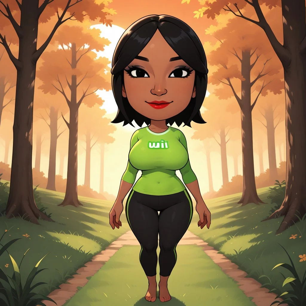 score_9, score_8, BREAK, solo, wii, mii, wii sports, black hair, black eyes, red lips, lipstick, black eyeshadow, light green clothing, black pants, barefoot, breasts, female mii, 1girl, cute, ShuHuiWSC, nintendo mii, modern_mii, classic_mii, dark skin, dark skin female, tall, adult female, mature female, big breasts, sexy pose, self portrait, smile, looking at viewer, outdoors, sunlight, shadows, evening lighting, natural lighting, forest, trees, grass, orange sky, sunset