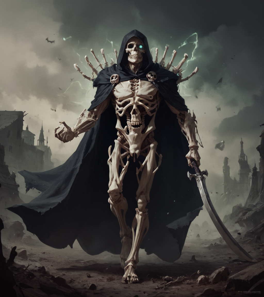 score_9, score_8_up, score_7_up, score_6_up, zPDXL, Skeletal necromancer with ivory skin and hollow eye sockets filled with ghostly light. Wearing a cloak made of intricately woven small bones and sinew. Molding a colossal bone golem in a vast ossuary, surrounded by floating skulls and animated skeletons, necromancy, magic, action shot, ,realistic, realism, highly detailed, perfect quality, high quality, photorealistic, <lora:Concept Art Twilight Style SDXL_LoRA_Pony Diffusion V6 XL:0.8>, <lora:sinfully_stylish_SDXL>