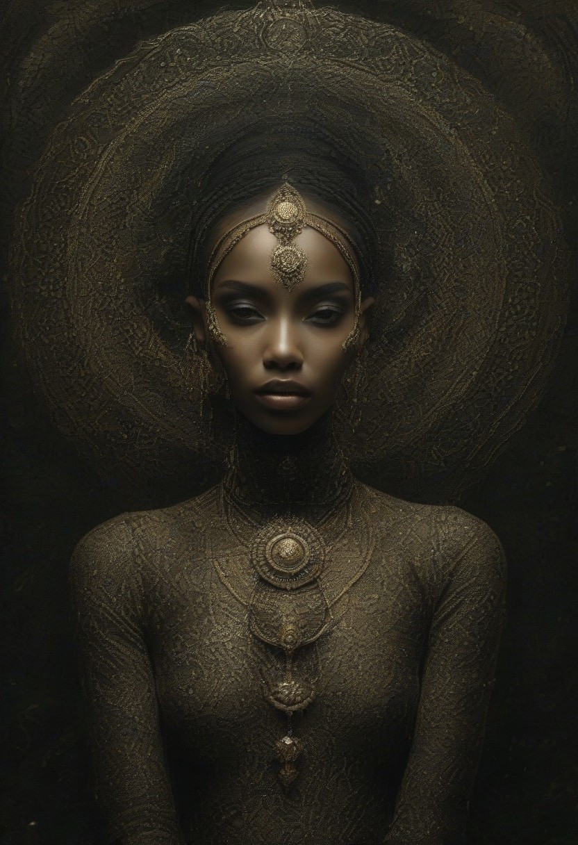 surrealist art cinematic photo breathtaking helios-alpaga, 1girl, jewelry, solo, earrings, dark skin, dark-skinned female, necklace, closed eyes, black hair, bracelet, breasts, armlet <lora:helios-alpaga:1> . award-winning, professional, highly detailed . 35mm photograph, film, bokeh, professional, 4k, highly detailed . dreamlike, mysterious, provocative, symbolic, intricate, detailed
