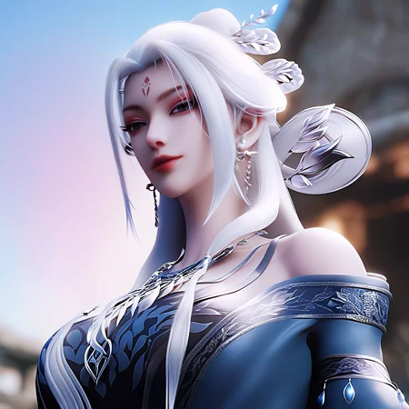 <lora:ponyxiaobai2v:1>,xiaobai,score_9,score_8_up,score_7_up,a highly detailed cgi rendering of a female character with a fantasy aesthetic,she has a pale complexion and long,flowing white hair adorned with intricate,leaf-like designs,her eyes are large and expressive,with a serene,almost contemplative expression,she wears a form-fitting,off-the-shoulder dress in a deep blue color with gold accents,the dress features intricate,floral patterns and a high neckline,accentuating her slender physique,around her neck,she accessorizes with a delicate,silver necklace and matching earrings,her attire is reminiscent of a medieval or fantasy-inspired outfit,with the dress having a high slit that reveals her midriff,the background is a dimly lit,blue-tinted stone surface,suggesting an outdoor setting,possibly a stone archway or a cave,the lighting is soft and diffused,casting gentle shadows that enhance the texture of the stone and the character's attire,the overall mood is one of serenity and otherworldly beauty,