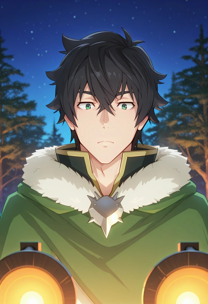 masterpiece, best quality, intricate details, (3d:0.4), , 1boy, solo, male focus, <lora:naofumi_iwatani_ilxl:0.98>, naofumi_iwatani, black hair, green eyes, short hair, hair between eyes, bangs, green cape, fur trim, jungle observatory, tree platforms, vine telescopes, research stations, observing pose, curious expression, night,