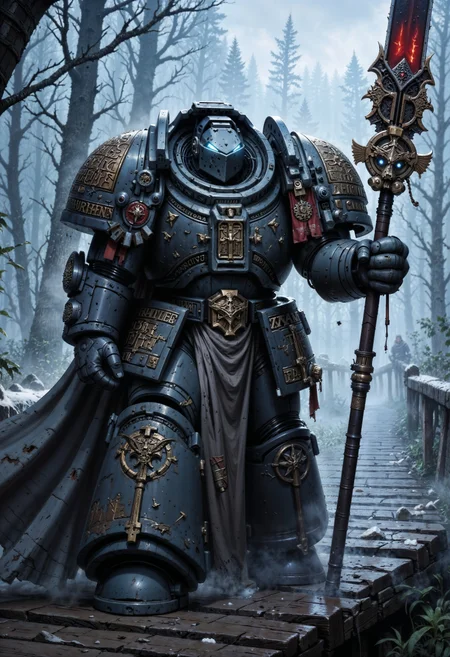 A Powerful GreyK40k space marine, draped in tattered, steel grey power armor that pulses with a faint, eerie glow, stands on a creaking wooden bridge. He points the tip of a massive, rune-etched spear menacingly at the camera, the blade crackling with dark energy. Shadows swirl around him, and the misty air is thick with tension. red flames flicker within his hollow eyes, reflecting the bridge's warped, splintered planks, over the sword camera view  <lora:FluxGreyK40k:1> <lora:FluxMythP0rtr4itStyle:0.7>