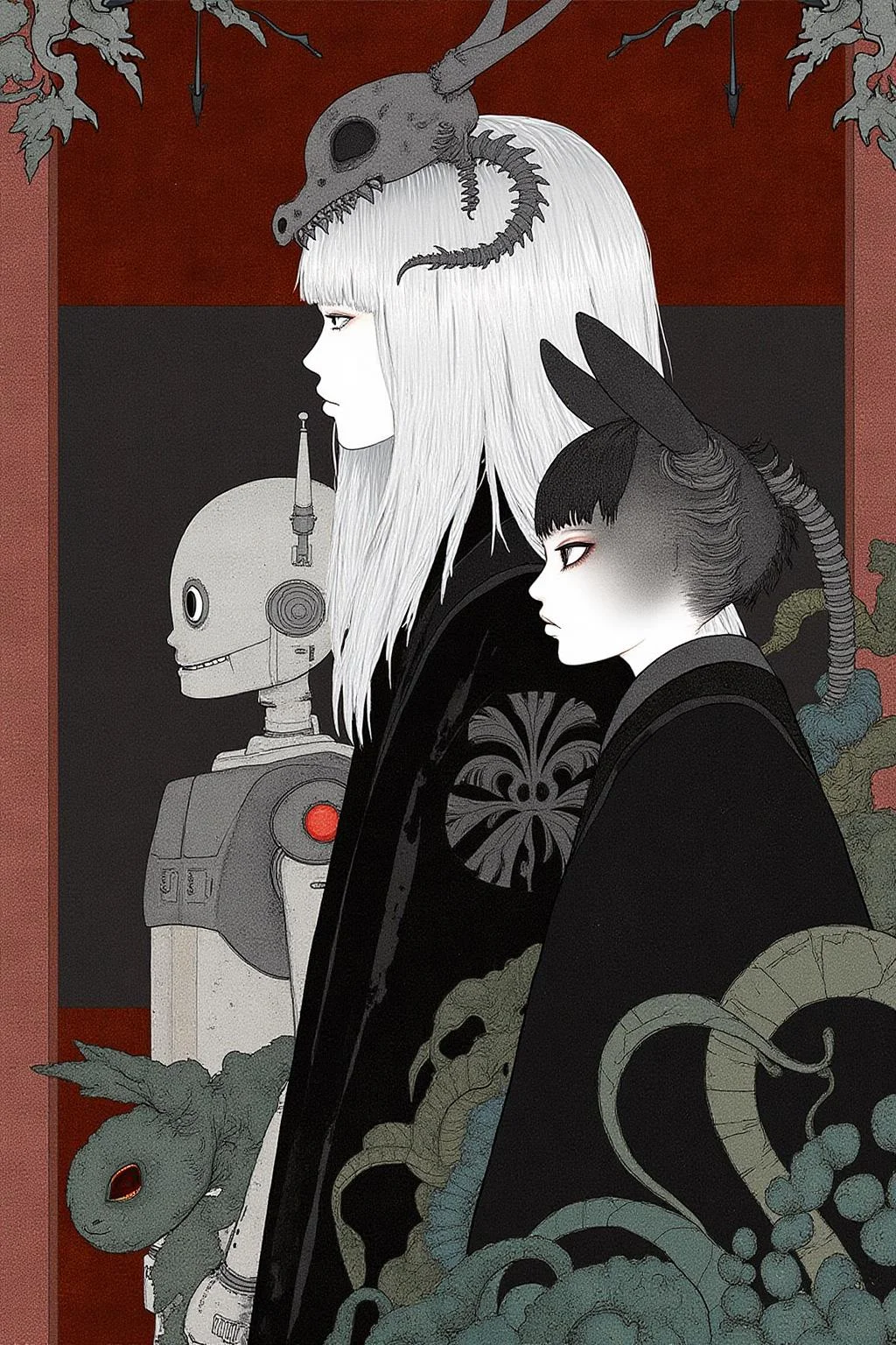 kchiba1 illustration.
A woman, shown in side profile, with long, straight silver hair. She is wearing a headpiece adorned with a skeletal dragon. There is a robot on her left and a creature with a cat's head on her right.
<lora:kchiba1_cap_d6a3:1.0><lora:837662512997476627:0>