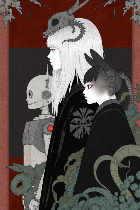 kchiba1 illustration.
A woman, shown in side profile, with long, straight silver hair. She is wearing a headpiece adorned with a skeletal dragon. There is a robot on her left and a creature with a cat's head on her right.
<lora:kchiba1_cap_d6a3:1.0><lora:837662512997476627:0>