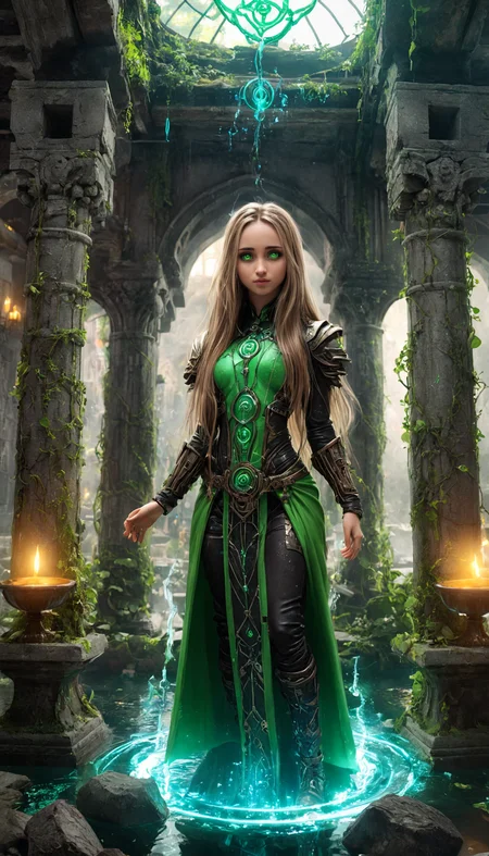 GabiXL11
photorealistic cyberpunk theme ,a mystical mage with long brown hair and luminous green eyes, wearing a dark and detailed outfit with glowing green accents. She stands in an ancient, overgrown temple, with crumbling stone pillars and mystical runes glowing on the walls. An orb of water magic floats above her, creating a serene and powerful aura. The background is filled with vines and magical symbols, with soft light filtering through the broken roof. High detail and complexity, rich colors, dramatic lighting, enchanting and powerful atmosphere.