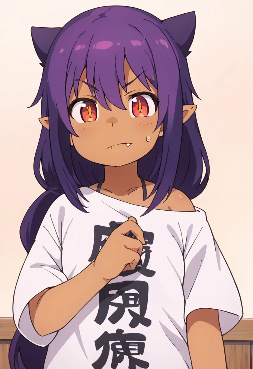 (zPDXL3),
(zPDXLxxx),
hiroki,
1girl,
solo,
Jahy-sama wa Kujikenai!,
Jahy,
long hair,
purple hair,
hair between eyes,
red eyes,
pointy ears,
dark skin,
dark-skinned female,
single fang,
oversized clothes,
white shirt,
t-shirt,
short sleeves,
short jeans,
bust up,