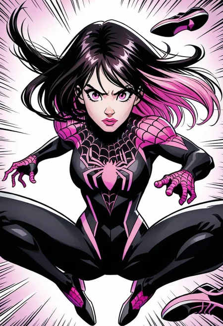 /Spider_Ayane/, pink lipstick, long black hair, pink hair highlights, medium breasts, portrait, black bodysuit with pink spider print, looking at viewer, pouty lips, pink eyes, dynamic pose, leaping into the air, web swinging, spiderman pose, full body shot, shoe soles
