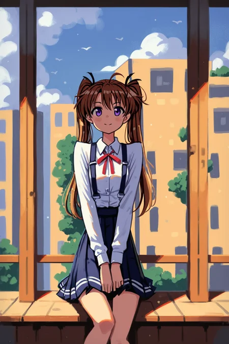 score_9, score_8_up, score_7_up, lyrical nanoha, mahou shoujo lyrical nanoha, takamachi nanoha, brown hair, long hair, long sleeves, purple eyes, ribbon, school uniform, shirt, skirt, twintails, solo, solo focus, cowboy shot, , Sitting on a window ledge, gazing outside., <lora:2024-08-13_10-43-06-save-12936-77-0:1>