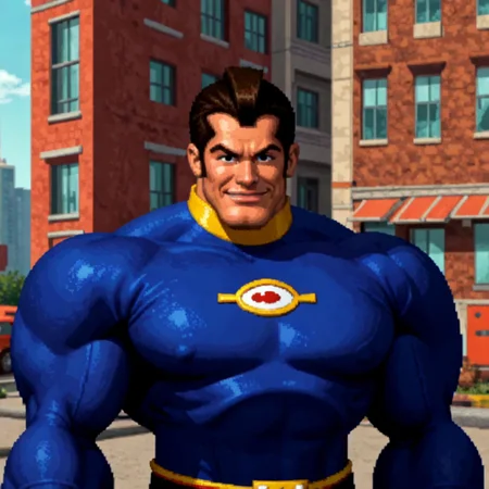 dkcstyle, pixel art, 1boy, blue bodysuit, confident smile, building, solo, close-up, flexing biceps, short hair, very muscular, big biceps, big pecs,