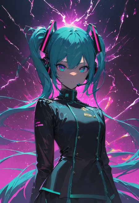 Movie Poster page, (promotional poster), Hatsune Miku, 1female, solo, humanoid android, teal hair, teal eyes, singer's uniform, headset, WeirdOutfit style, concert, Nippon Budokan, glowneon, glowing, sparks, lightning, shadow minimalism, (best quality), (masterpiece), detailed, beautiful detailed eyes, perfect anatomy, perfect body, perfect face, perfect hair, perfect legs, perfect hands, perfect arms, perfect fingers, detailed hair, detailed face, detailed eyes, detailed clothes, detailed skin, ultra-detailed, (full body), (upper body), (top quality), pop art, extremely detailed, extremely detailed CG, (high resolution), highly detailed, (high quality), (perfect quality), (glitchcore colors)