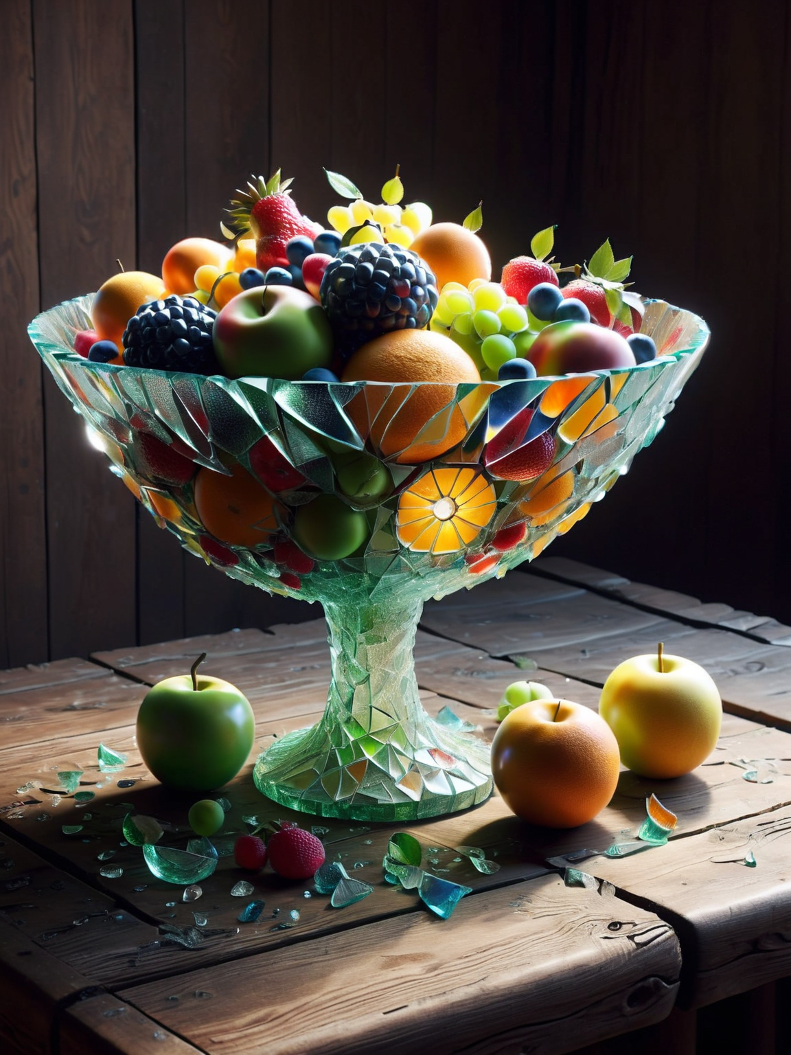 A photo of ais-bkglass fruit in a bowl, where each piece of fruit and the bowl itself are made of ais-bkglass, creating a striking contrast on an old wooden table. <lora:Broken_Glass_Style_SDXL:1>