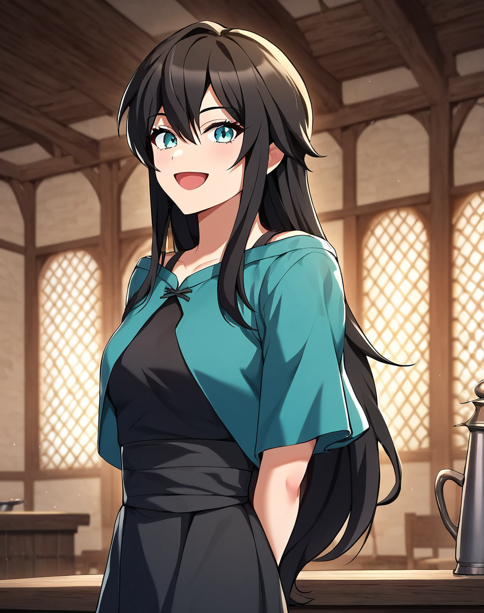 rurin, long hair, black hair, aqua eyes, slit pupils, rurin clothes, black sleeveless dress, aqua shirt capelet, small breasts, petite BREAK indoors, medieval, tavern BREAK looking at viewer, sexy face, sexy smile, open mouth, cowboy shot, arms behind back,  BREAK score_9, score_8_up, score_7_up, source_anime ,zPDXL, <lora:Rurin:0.8>