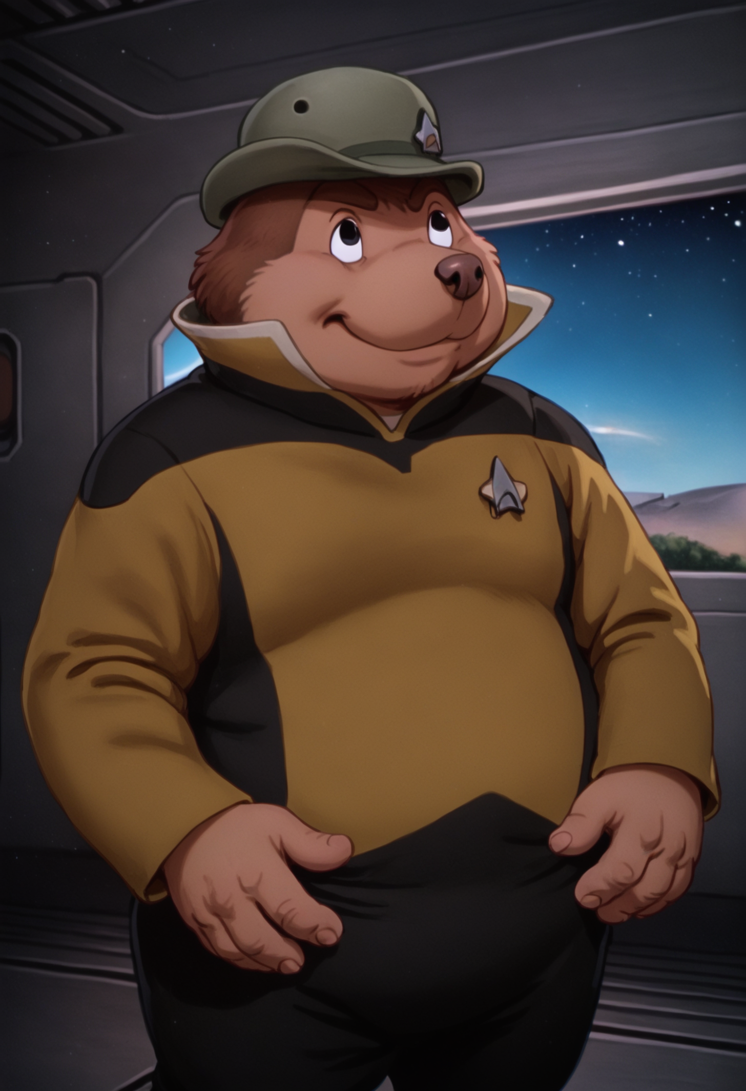 score_7_up,solo, <lora:MrMolePony1.0>, mrmole, furry male, fat, male focus, 1boy,, solo, hat, black eyes,outdoors, on a spaceship,spaceship interrior,spaceship machinery,starship,space station,indoors,smile,
s3stngunf,in yellow uniform,star trek badge,long sleeves,black pants
,<lora:STTNGponyStrong>