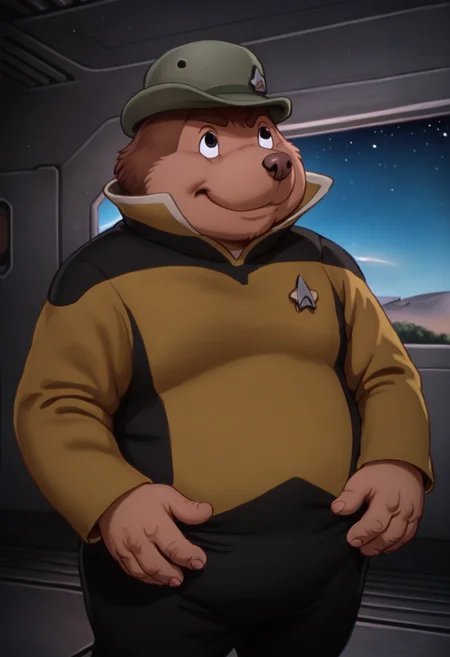 score_7_up,solo, <lora:MrMolePony1.0>, mrmole, furry male, fat, male focus, 1boy,, solo, hat, black eyes,outdoors, on a spaceship,spaceship interrior,spaceship machinery,starship,space station,indoors,smile,
s3stngunf,in yellow uniform,star trek badge,long sleeves,black pants
,<lora:STTNGponyStrong>