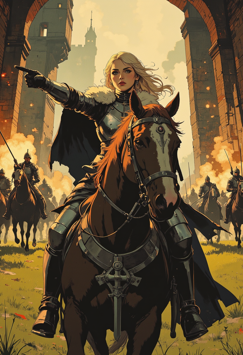 Image is an over the shoulder, close up shot featuring a female knight characters leading her troops into battle. She's clad in heavy fantasy 
 corset armor with a fur cloak and matching long gloves and thigh high boots. She's riding on horseback pointing a sword forward, ordering her men to charge. Her expression is confident and adventurous. The background is of the inside of a fantasy castle, trebuchets firing rocks, grassy plain, army of knights on horseback charging,