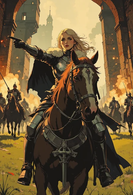 Image is an over the shoulder, close up shot featuring a female knight characters leading her troops into battle. She's clad in heavy fantasy
corset armor with a fur cloak and matching long gloves and thigh high boots. She's riding on horseback pointing a sword forward, ordering her men to charge. Her expression is confident and adventurous. The background is of the inside of a fantasy castle, trebuchets firing rocks, grassy plain, army of knights on horseback charging,