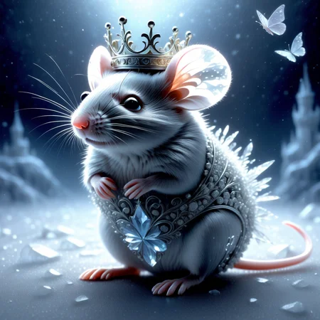 Midjourney style, Niji style, portrait, manga, anime, cartoon style, realism, hyper quality, macro, A mouse wearing a princess dress and a crown of ice, the ice is so cold that it is surrounded by ice mist, the ice crystals on the crown reflect the light, moody light, the crown is surrounded by butterflies made of stardust that sit on the crown, the background is made of ice, cuteness overload, magical atmisphere
