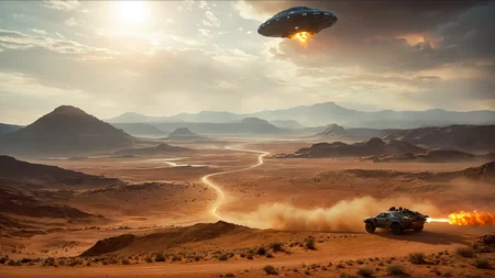cinematic film still of <lora:add-detail-xl:1>0
<lora:detailed:0.3>
<lora:perfection style:0.3>
<lora:xl_more_art-full_v1:0.3>
<lora:halo style:0.9>
a painting of a desert with a spaceship in the distance,outdoors,sky,cloud,no humans,fire,scenery,mountain , cinematic, filmic, dramatic light, sci fi, action themed, futuristic, halo style, shallow depth of field, vignette, highly detailed, high budget, bokeh, cinemascope, moody, epic, gorgeous, film grain, grainy