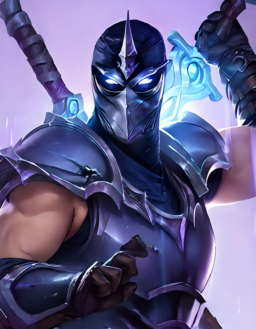 score_9, score_8_up, score_7_up, score_6_up, score_5_up, score_4_up, source_anime,  Shen, solo, looking at viewer, blue eyes, simple background, gloves, 1boy, holding, upper body, weapon, male focus, horns, black gloves, sword, holding weapon, armor, bodysuit, mask, glowing, holding sword, helmet, shoulder armor, gauntlets, glowing eyes, single horn, purple background, breastplate, black bodysuit, white eyes, knight, full armor, black armor, tokusatsu