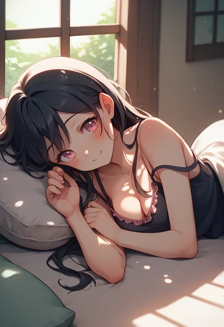 score_9, score_8_up, score_7_up, score_6_up, source_anime, 1girl,
on side, lying,
long hair, black hair, pink eyes, pillow, blush, camisole, cleavage, dappled sunlight, light particles, smile, window,
<lora:pov_across_bed_v0.1-pony:1>