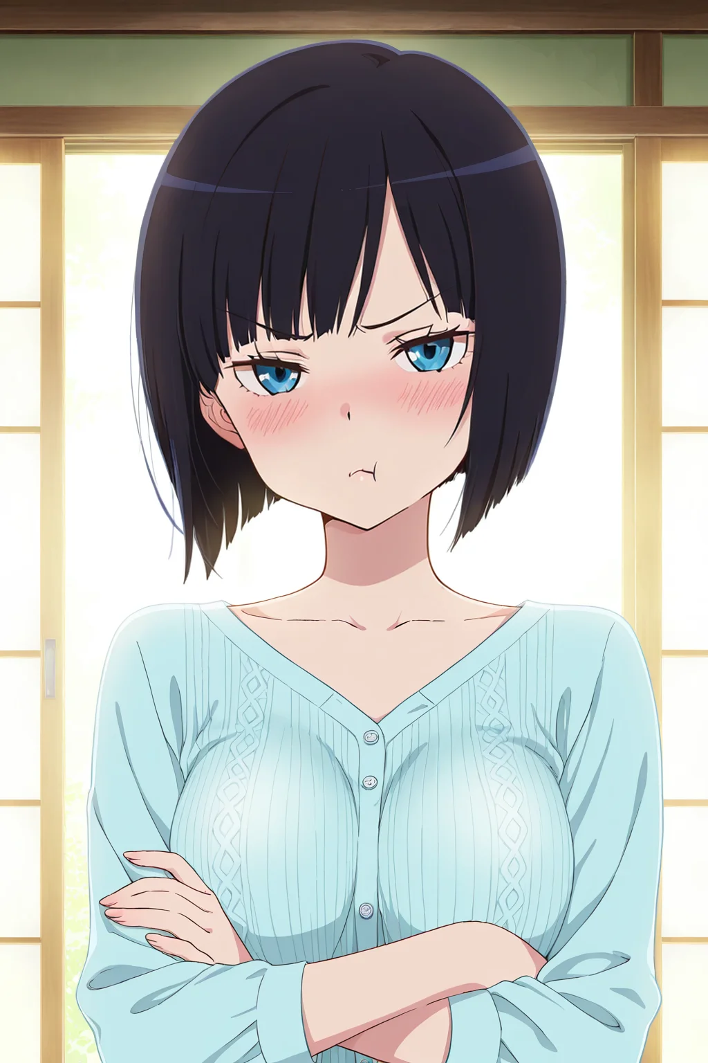 front view,
1girl,upper body,looking at viewer,crossed arms,pout,pouty lips,blush,tsundere,
Best quality,masterpiece,soft light,official art,high quality,highres,absurdres,epic scene,natural textures,<lora:Yuka Kon IL:1>,yuka kon,black hair,short hair,bob cut,blue eyes,