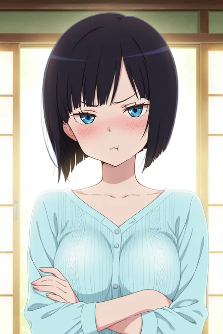 front view,
1girl,upper body,looking at viewer,crossed arms,pout,pouty lips,blush,tsundere,
Best quality,masterpiece,soft light,official art,high quality,highres,absurdres,epic scene,natural textures,<lora:Yuka Kon IL:1>,yuka kon,black hair,short hair,bob cut,blue eyes,