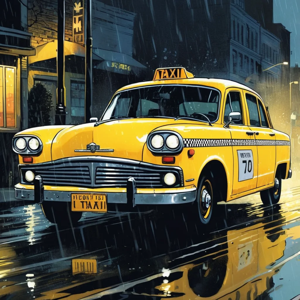 comic book art of <lora:graphic novel style:1.2>
1980's a yellow taxi car driving down a wet street at night In graphic novel style, comic art, graphic novel illustration
