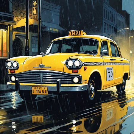 comic book art of <lora:graphic novel style:1.2>
1980's a yellow taxi car driving down a wet street at night In graphic novel style, comic art, graphic novel illustration