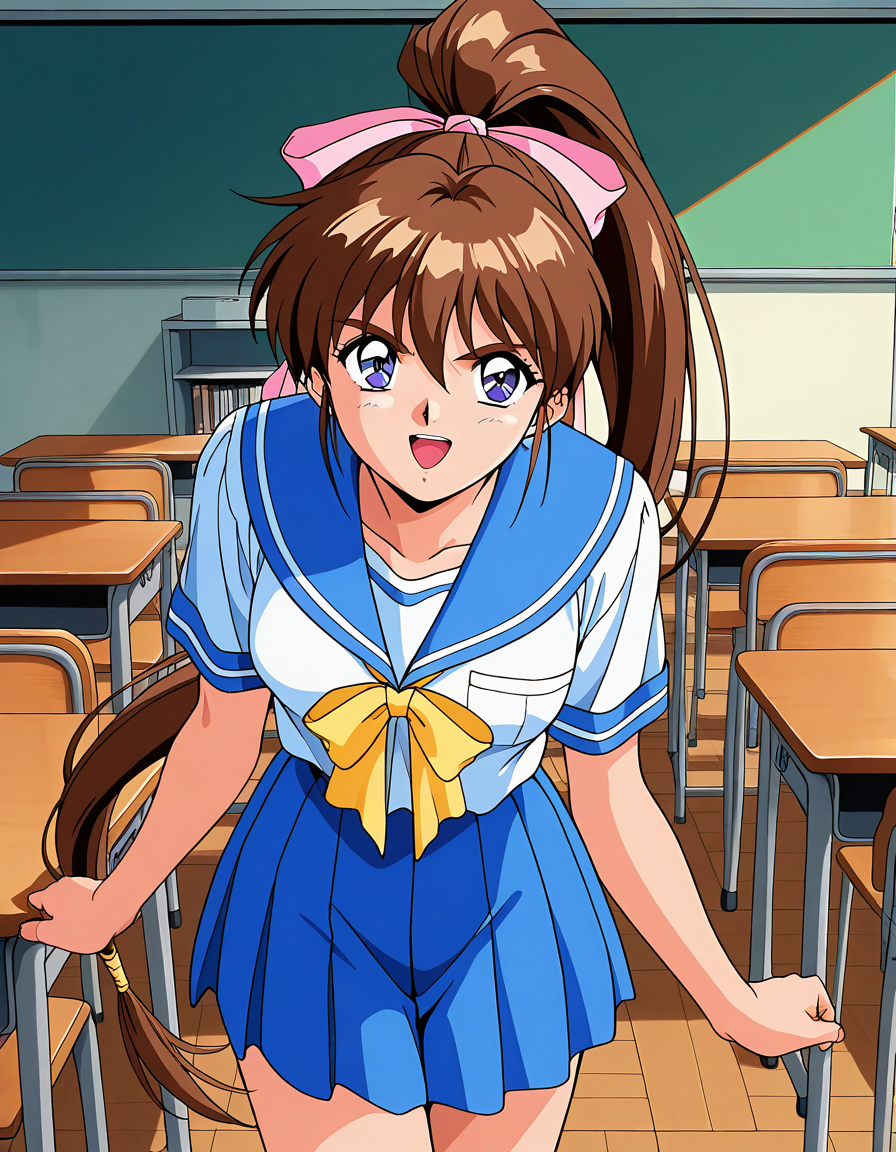 general,highres, ultra-detailed,very aesthetic,best quality ,best hands,  BREAK <lora:Amatsu_Ai_IS:1>Amatsu_Ai, brown hair, ponytail, very long hair, ribbon, hair ribbon, hair bow, pink bow, breasts, blue eyes, bangs, purple eyes, high ponytail, 1990s \(style\),anime coloring, BREAK, serious, smile, standing, down arms,
school uniform, Yellow ribbon,  serafuku,  skirt,  open mouth, blue sailor collar,
class room, School,