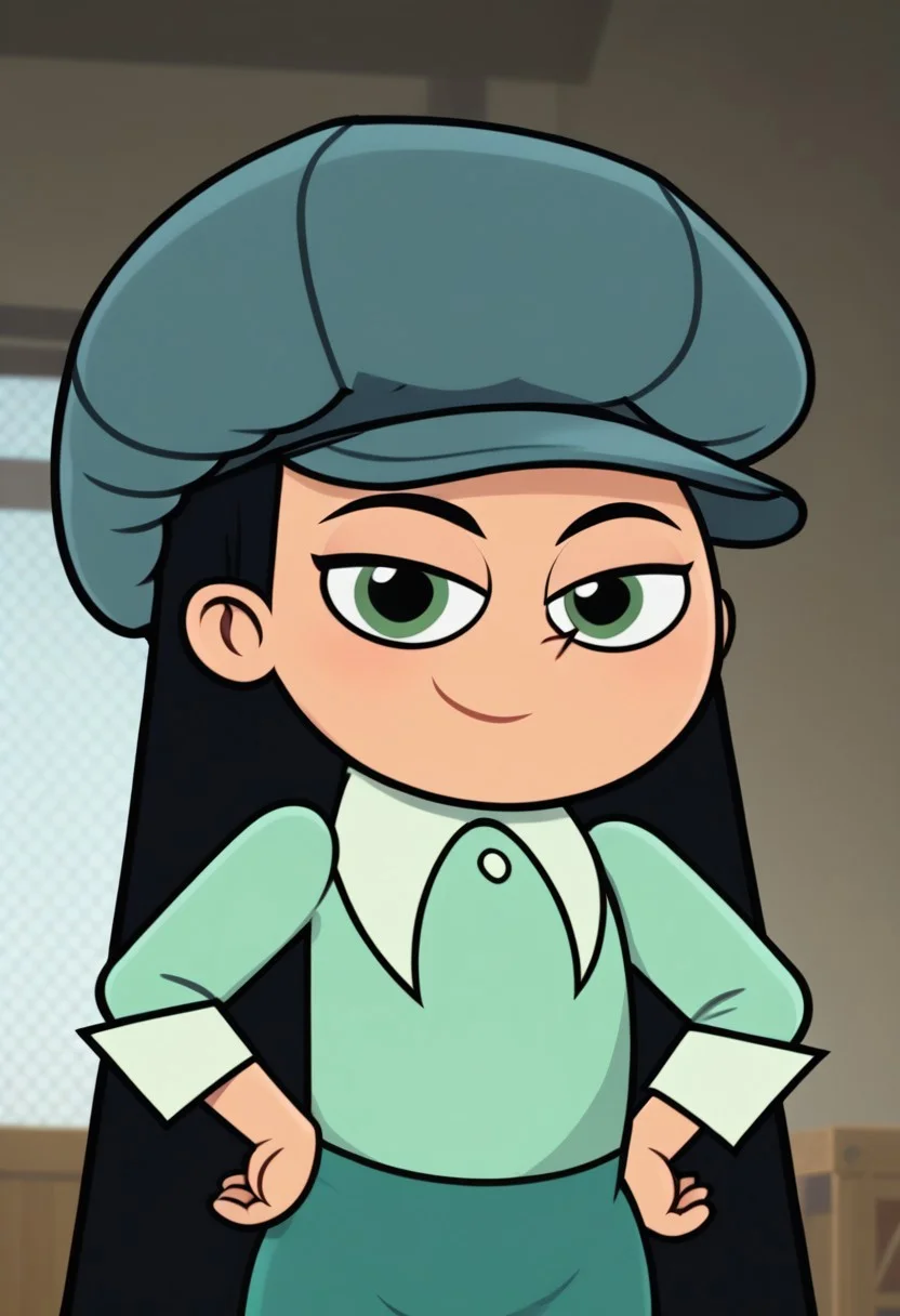 ((room background)),score_9, score_8_up, score_7_up,score_6_up,
1girl, solo, Penelope_KB, fair skin, green eyes, black hair, long straight hair, blue gray newsboy cap, pastel-green long sleeve shirt with white collar, ocean green skirt, white socks, black shoes, big eyes, cute, short stature, social smile, perfect eyes, perfect smile, looking at the viewer, detailed eyes, perfect eyes, standing (front view, bust shot) five fingers, perfect hands, hands on hips