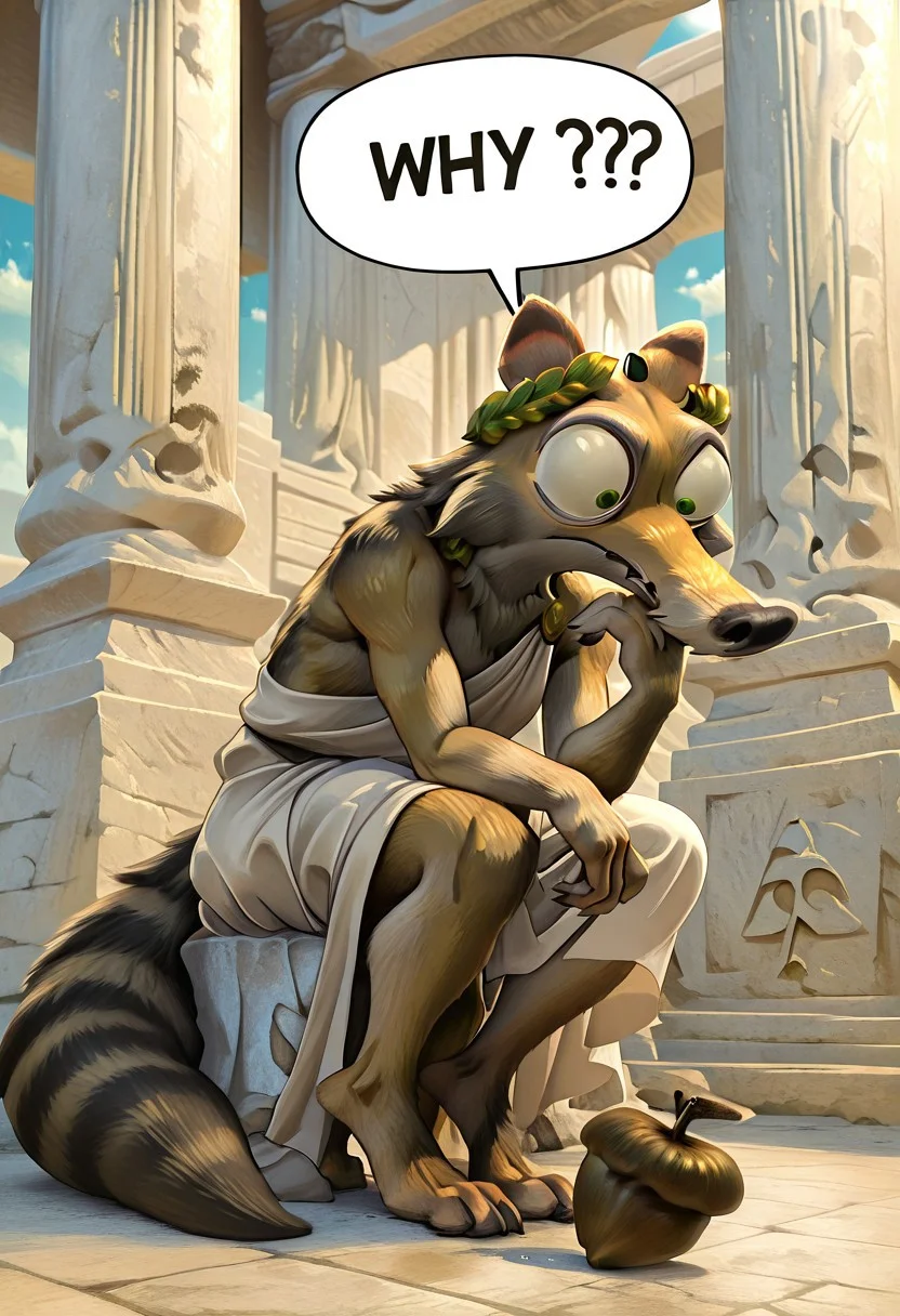 embedding:IllusP0s, Scrat, long snout, bushy tail, bulging eyes, striped tail, solo, old, grey beard, laurel crown, Ancient Greek Philosopher, toga, WHY?, speech bubble, kneeling, th1nk3r, sitting, head rest, leaning forward, holding an acorn, ancient greek temple background, detailed background, vibrant colors,