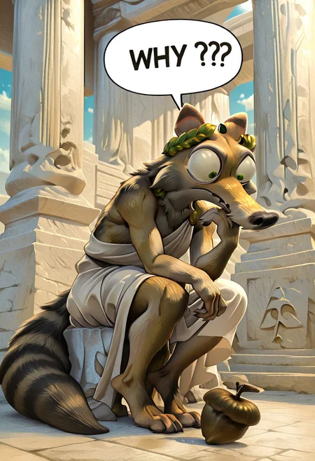 embedding:IllusP0s, Scrat, long snout, bushy tail, bulging eyes, striped tail, solo, old, grey beard, laurel crown, Ancient Greek Philosopher, toga, WHY?, speech bubble, kneeling, th1nk3r, sitting, head rest, leaning forward, holding an acorn, ancient greek temple background, detailed background, vibrant colors,