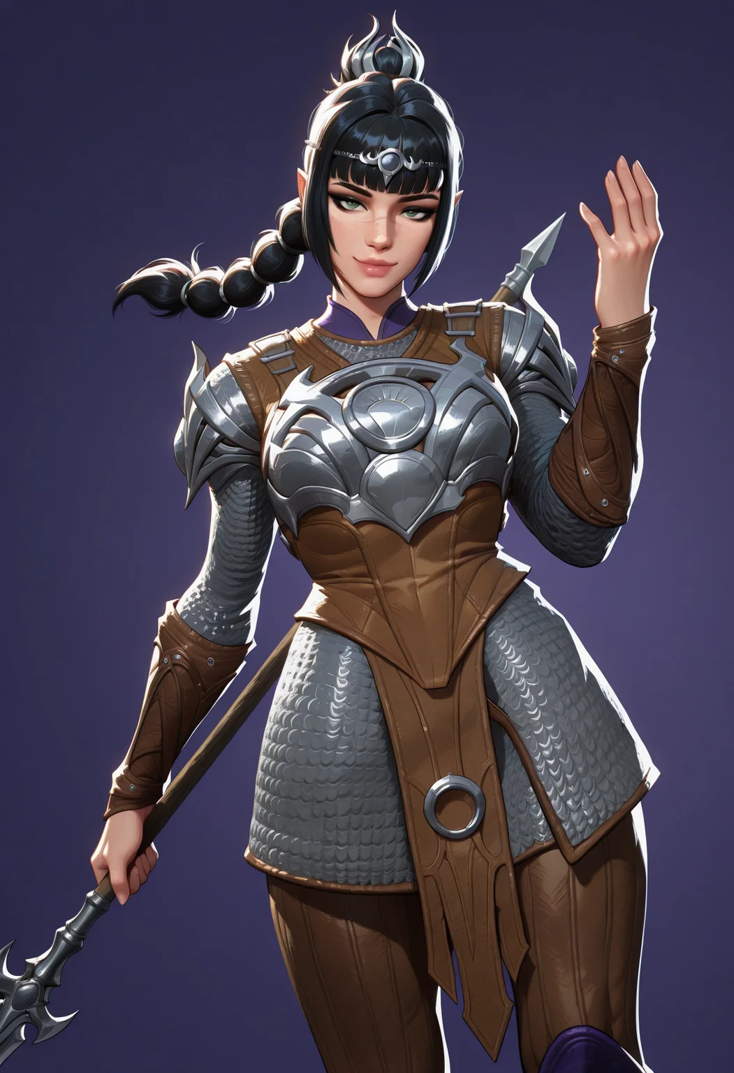 masterpiece, best quality, amazing quality, highres, very aesthetic, very awa, cute, MarvelRivals, semi realistic, cartoon, skindentation, western,, 1girl, solo, shadowheart, green eyes, black eyeliner, freckles, pointy ears, long hair, hair ornament, high ponytail, multi-tied hair, medium breasts, scar on nose, black hair, blunt bangs, sidelocks, silver circlet, lips, closed mouth,
BREAK,
shaarm, silver breastplate, brown gambeson, chainmail armor, silver pauldrons, brown vambraces, metal skirt, loincloth, brown leggings, purple undershirt, knee boots, purple boots, brown shoes,
BREAK,
fighting stance, seductive smile, looking at viewer, holding spear,, cowboy shot, dutch angle, simple background, purple background,, raytracing, hyper detailed, volumetric lighting, <lora:Shadowheart-NoobAi-1.1_V1-Manityro-CAME:1.0000000000000002> <lora:AMarvelRivals_style-06:1.0000000000000002> <lora:StS-Illustrious-Detail-Slider-v1.0:0.3>